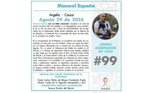 El dirigente comunitario Manuel España fue asesinado al parecer por hombres de las disidencias en Argelia